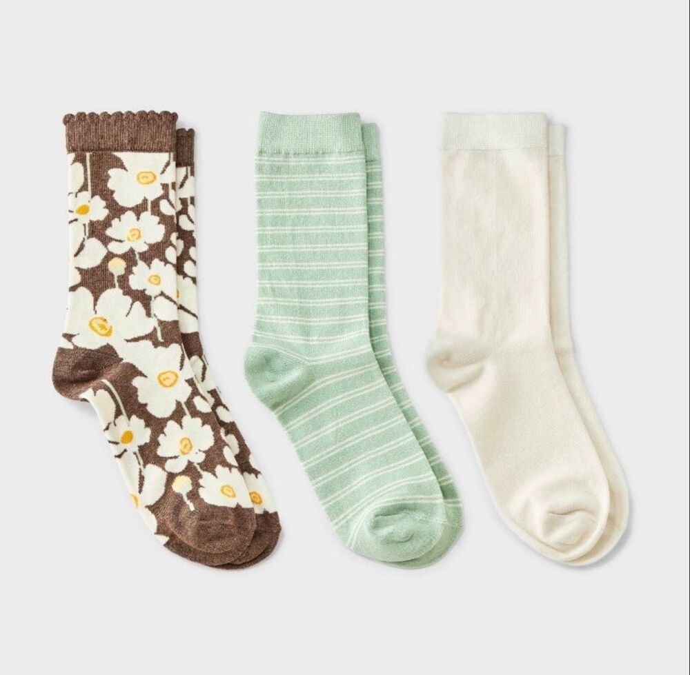 A New Day Women’s Garden Party Floral Crew Socks Green Mix 3-Pack NWT